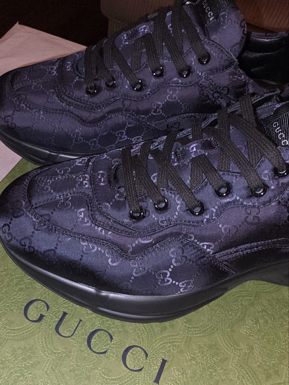 Gucci Black GG Satin Low-Top Sneakers - Picture 2 of 9